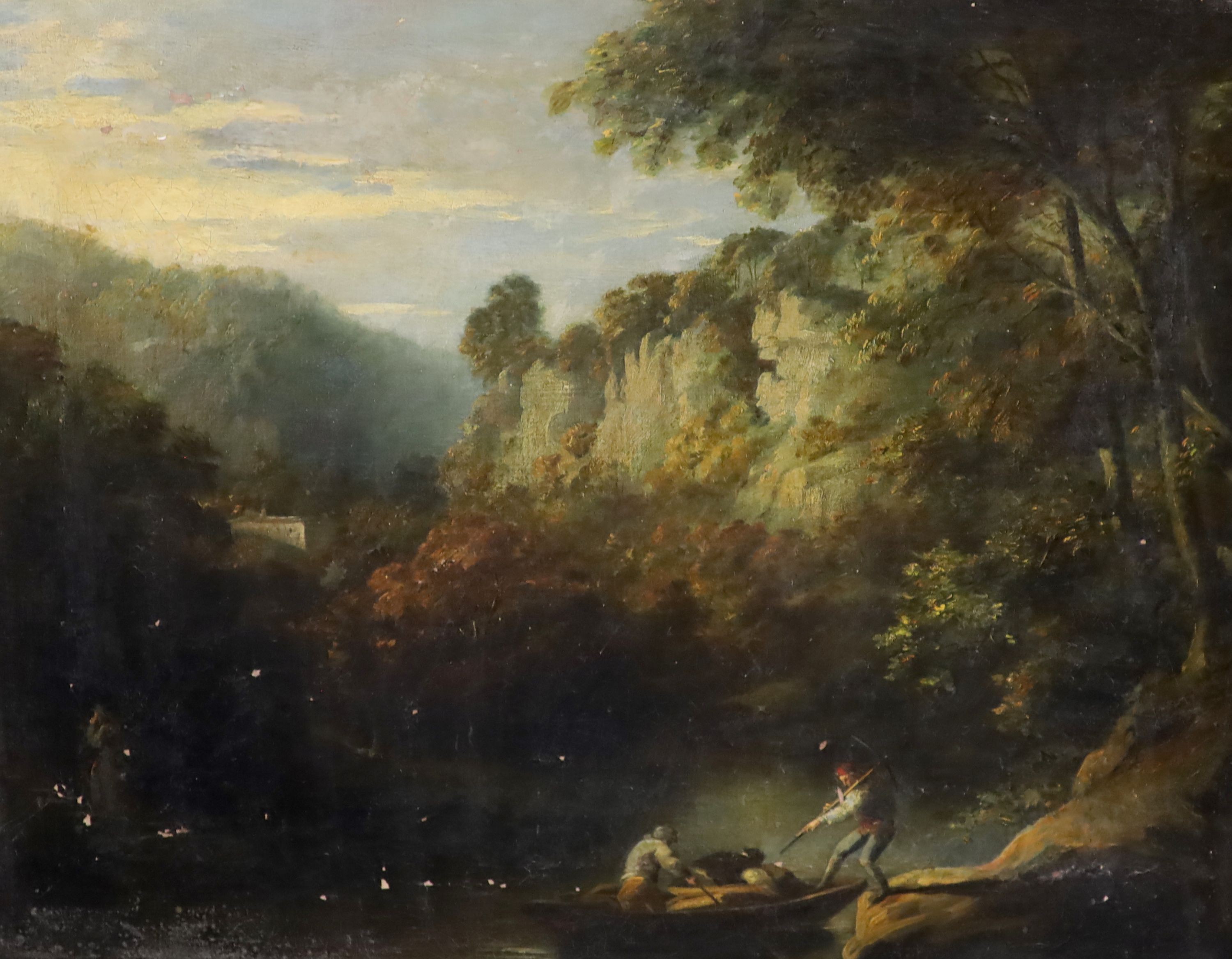 18th century English School, Italianate landscape with figures alighting upon a boat, Oil on canvas, 51 x 64cm.
